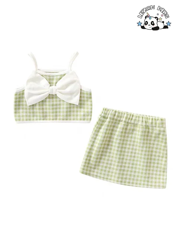 LEZONKIDS - Atacado de Alta Qualidade camiseta com alça de spaghetti e laço grande e saias boutique conjuntos de roupas femininas verão